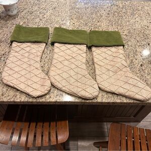 Christmas Stockings Tan Green Burlap Velvet Set of 3 Rustic